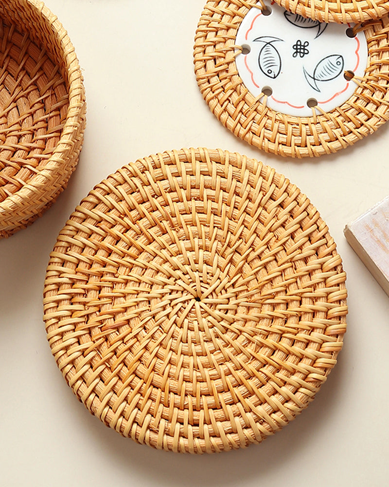 Rattan Coasters Set of 6 with Storage Box | Stylish Tea Coasters for Home Decor