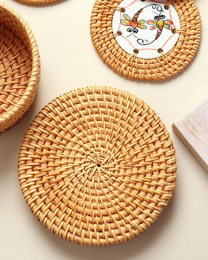 Rattan Coasters Set of 6 with Storage Box | Stylish Tea Coasters for Home Decor