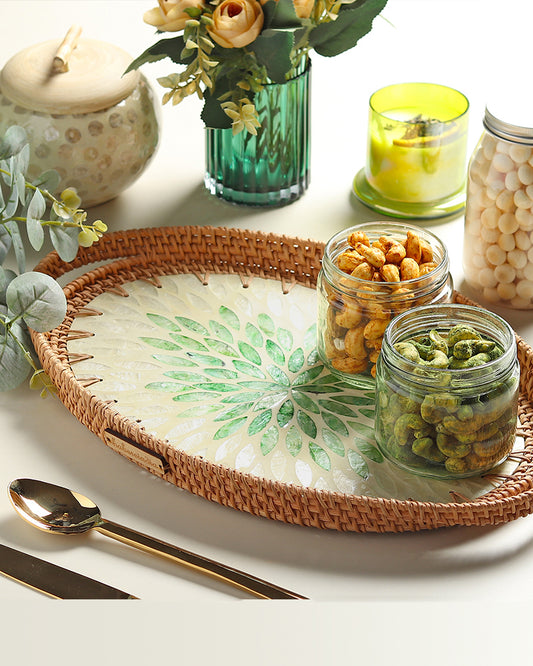 Cane Tray Oval - Green Rangoli Mosaic