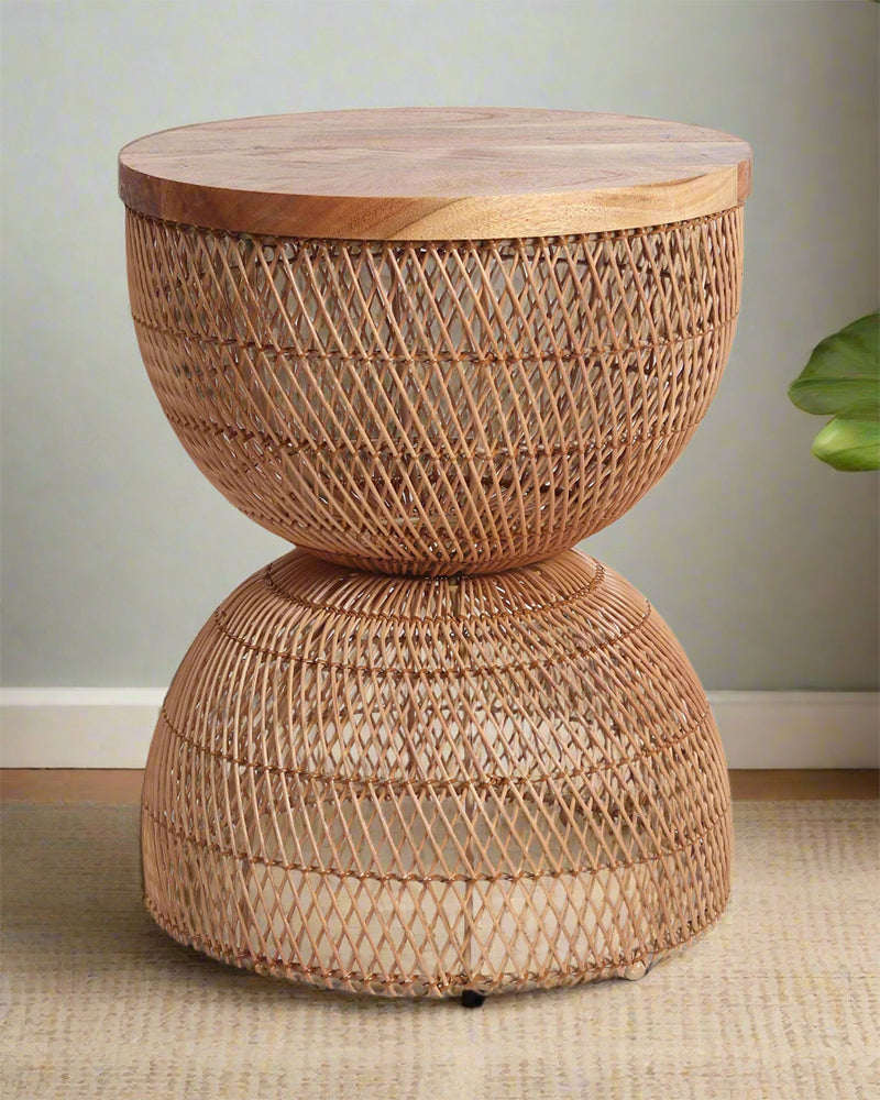 Wooden Rattan Stool | Mini Side Stool | Cane Round Table | Stylish Side Table