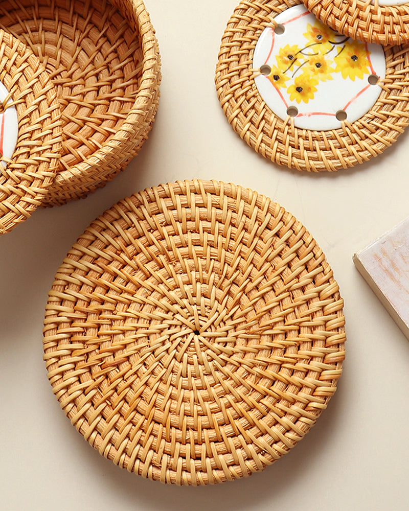 Rattan Coasters Set of 6 with Storage Box | Stylish Tea Coasters for Home Decor