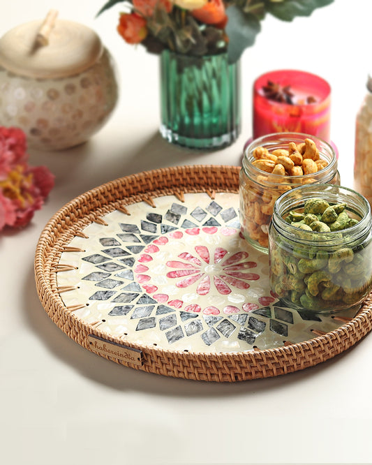 Cane Tray Round - Rangoli Mosaic