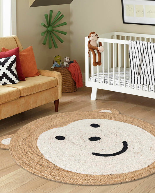 Jute Round Floor Mats | Jute Carpet for Living Room | Teddy Bear Rug - White, 3Ft