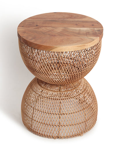 Wooden Rattan Stool | Mini Side Stool | Cane Round Table | Stylish Side Table