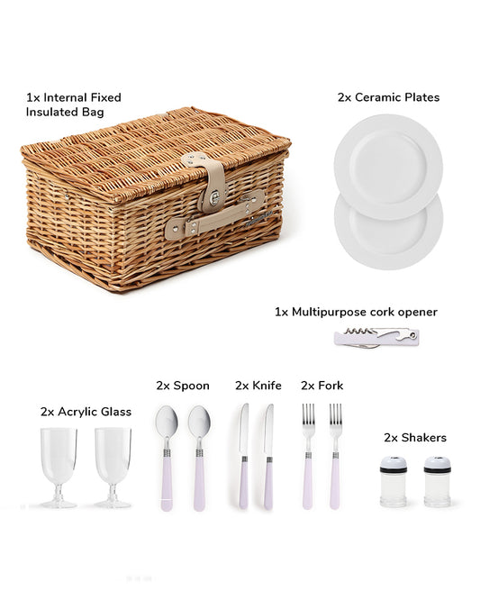 Vintage-Style Wicker Picnic Hamper | Wicker Picnic Basket For 2 | Picnic Basket With Utensils Cutlery Holder