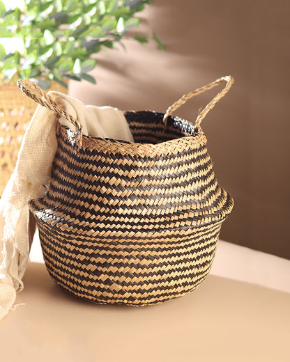 Seagrass Plant & Storage Baskets, Planter Basket For Decoration, Belly Basket (Round, Black)