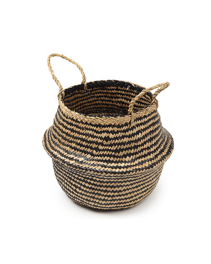 Seagrass Plant & Storage Baskets, Planter Basket For Decoration, Belly Basket (Round, Black)