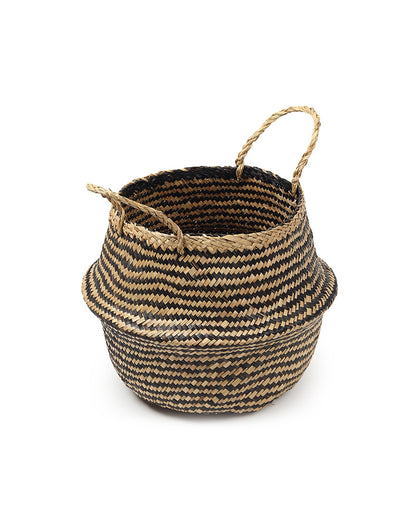 Seagrass Plant & Storage Baskets, Planter Basket For Decoration, Belly Basket (Round, Black)