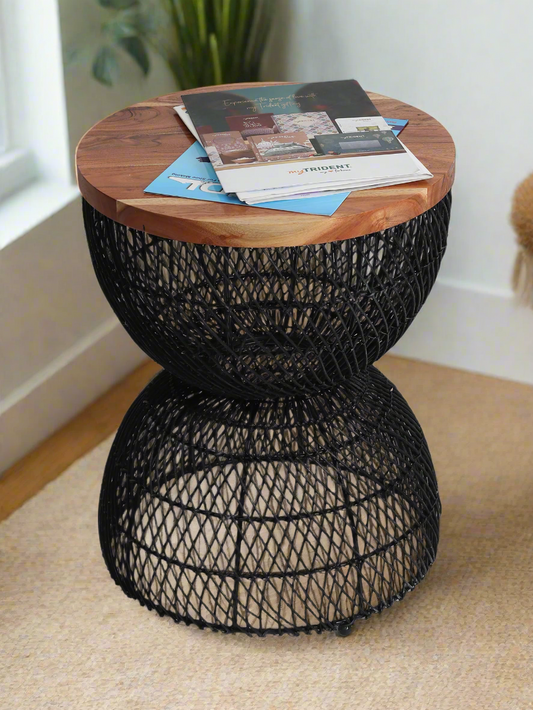 Wooden Rattan Stool | Mini Side Stool | Cane Round Table | Stylish Side Table