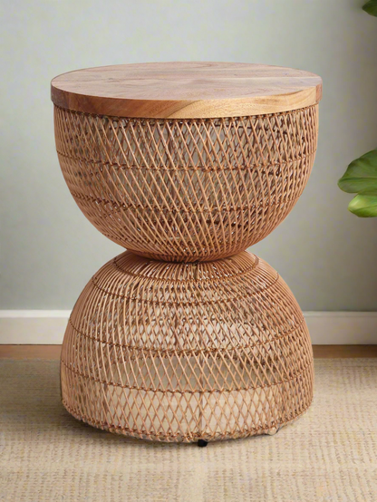 Wooden Rattan Stool | Mini Side Stool | Cane Round Table | Stylish Side Table