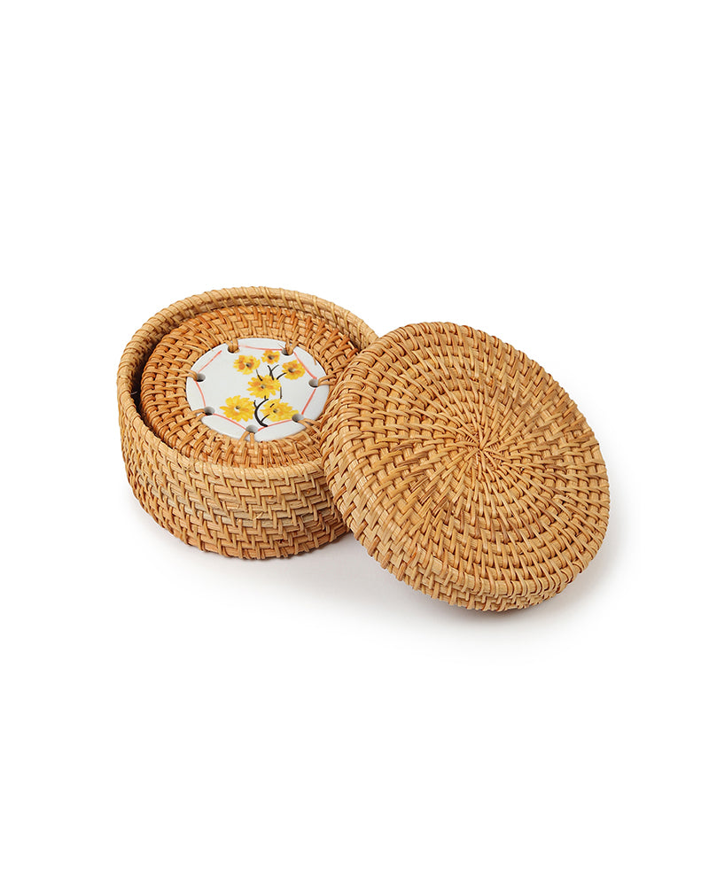 Rattan Coasters Set of 6 with Storage Box | Stylish Tea Coasters for Home Decor