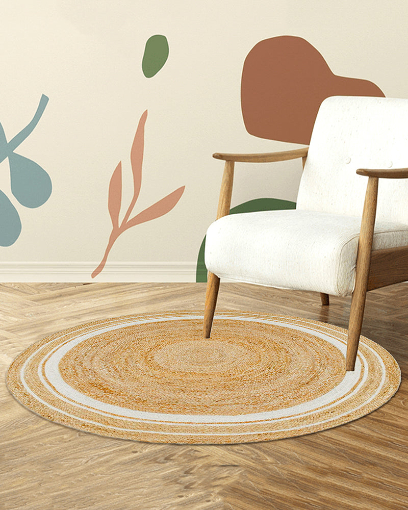 Jute Round Floor Mat | Rugs for Living Room | Jute Centre Table Carpet -Set of 3, Beige & White (2 X 2 FT)