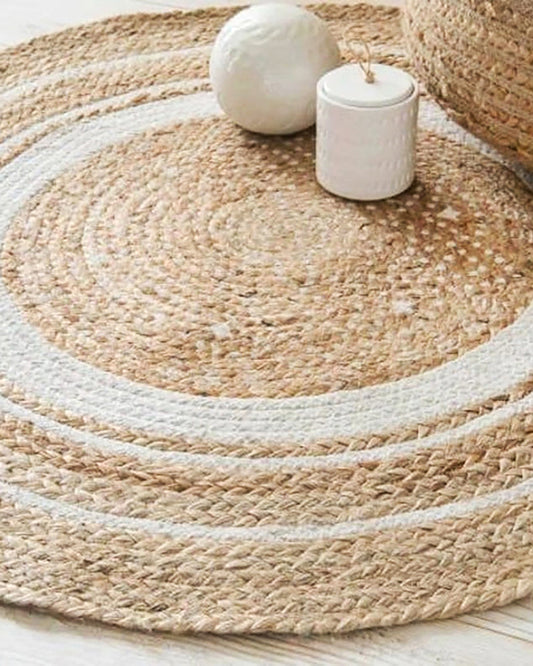 Jute Round Floor Mat | Rugs for Living Room | Jute Centre Table Carpet -Set of 3, Beige & White (2 X 2 FT)