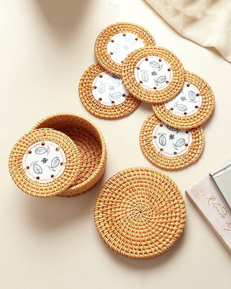 Rattan Coasters Set of 6 with Storage Box | Stylish Tea Coasters for Home Decor