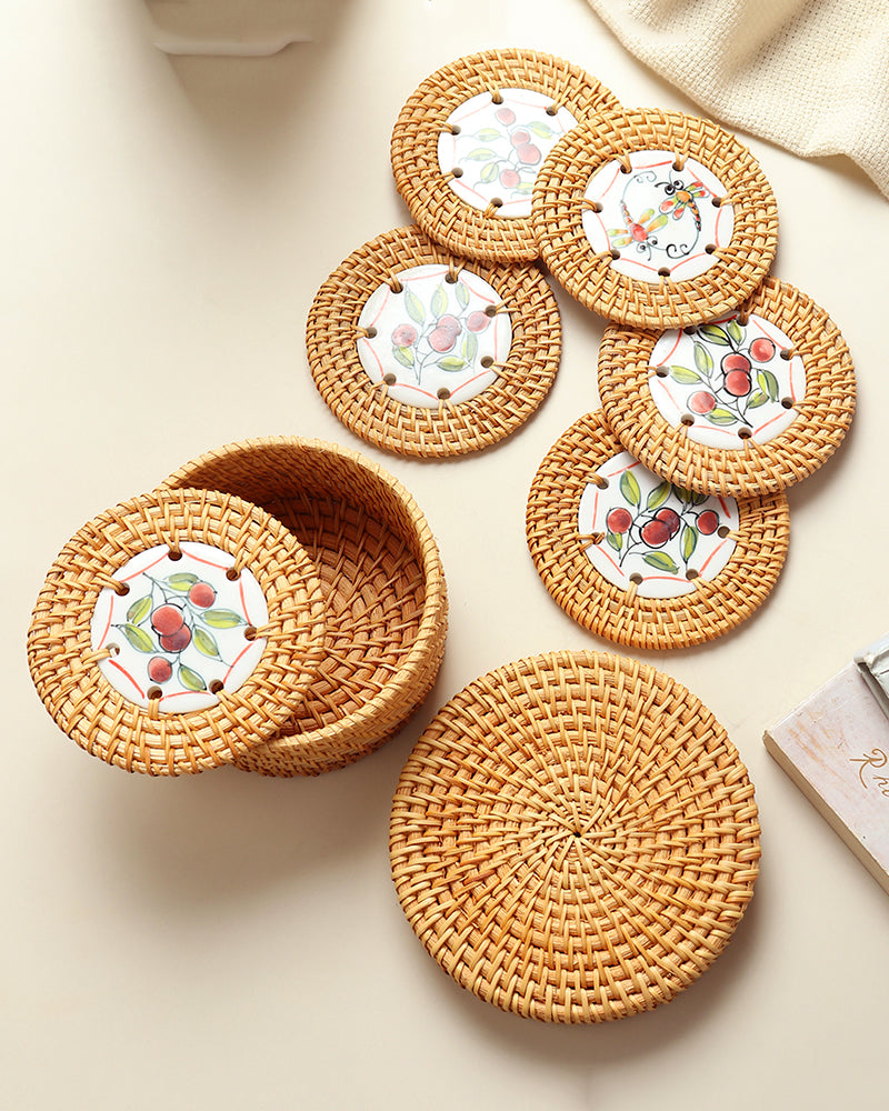 Rattan Coasters Set of 6 with Storage Box | Stylish Tea Coasters for Home Decor