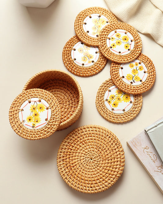 Rattan Coasters Set of 6 with Storage Box | Stylish Tea Coasters for Home Decor