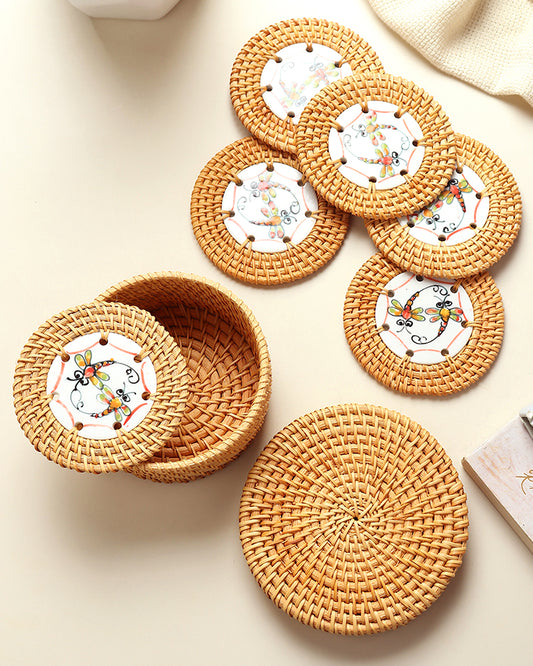 Rattan Coasters Set of 6 with Storage Box | Stylish Tea Coasters for Home Decor