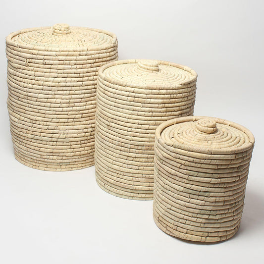 Natural Dry-Grass Round Laundry Basket With Lid